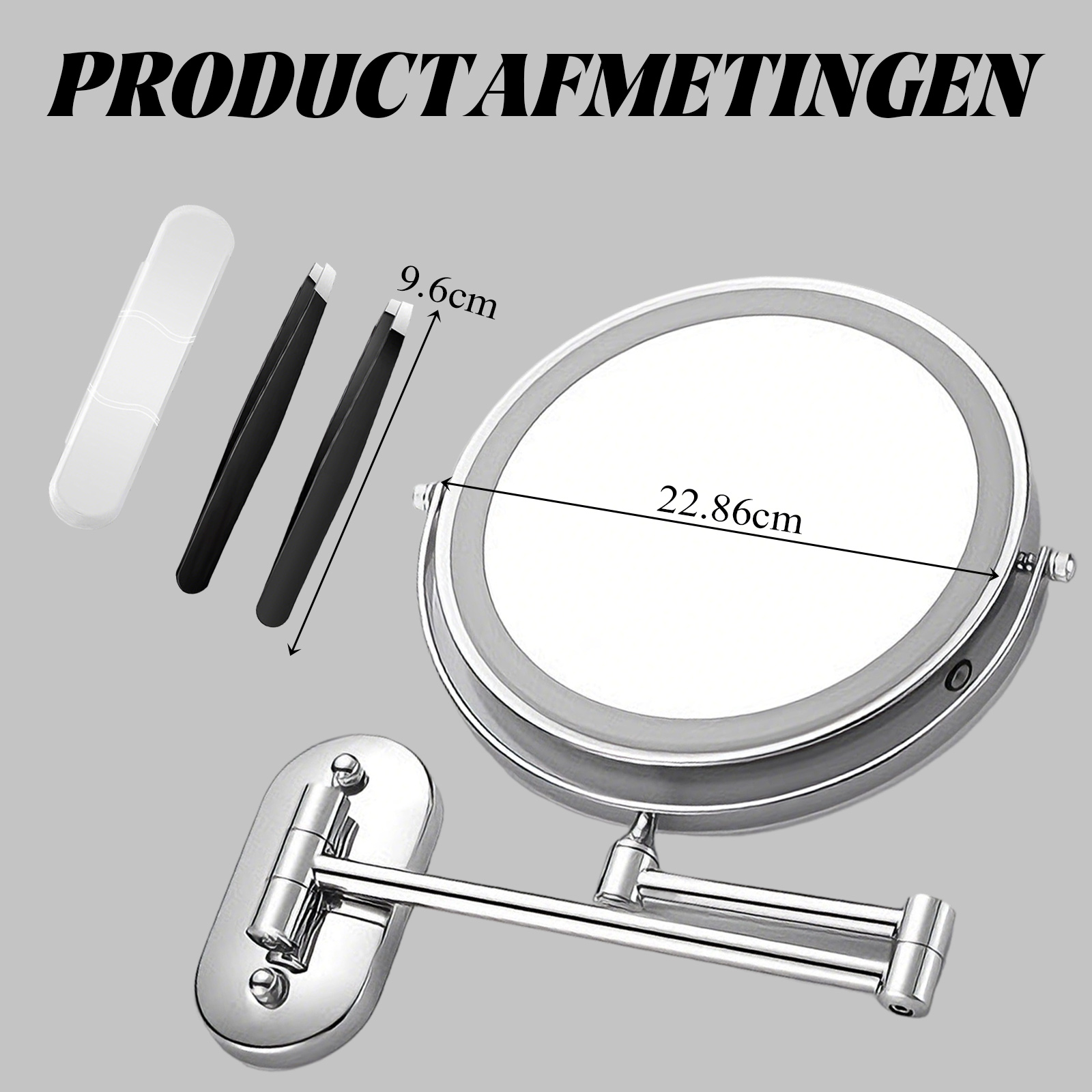 Ein beleuchteter Kosmetikspiegel mit Klemmfuß, Pinzetten und Maßen.