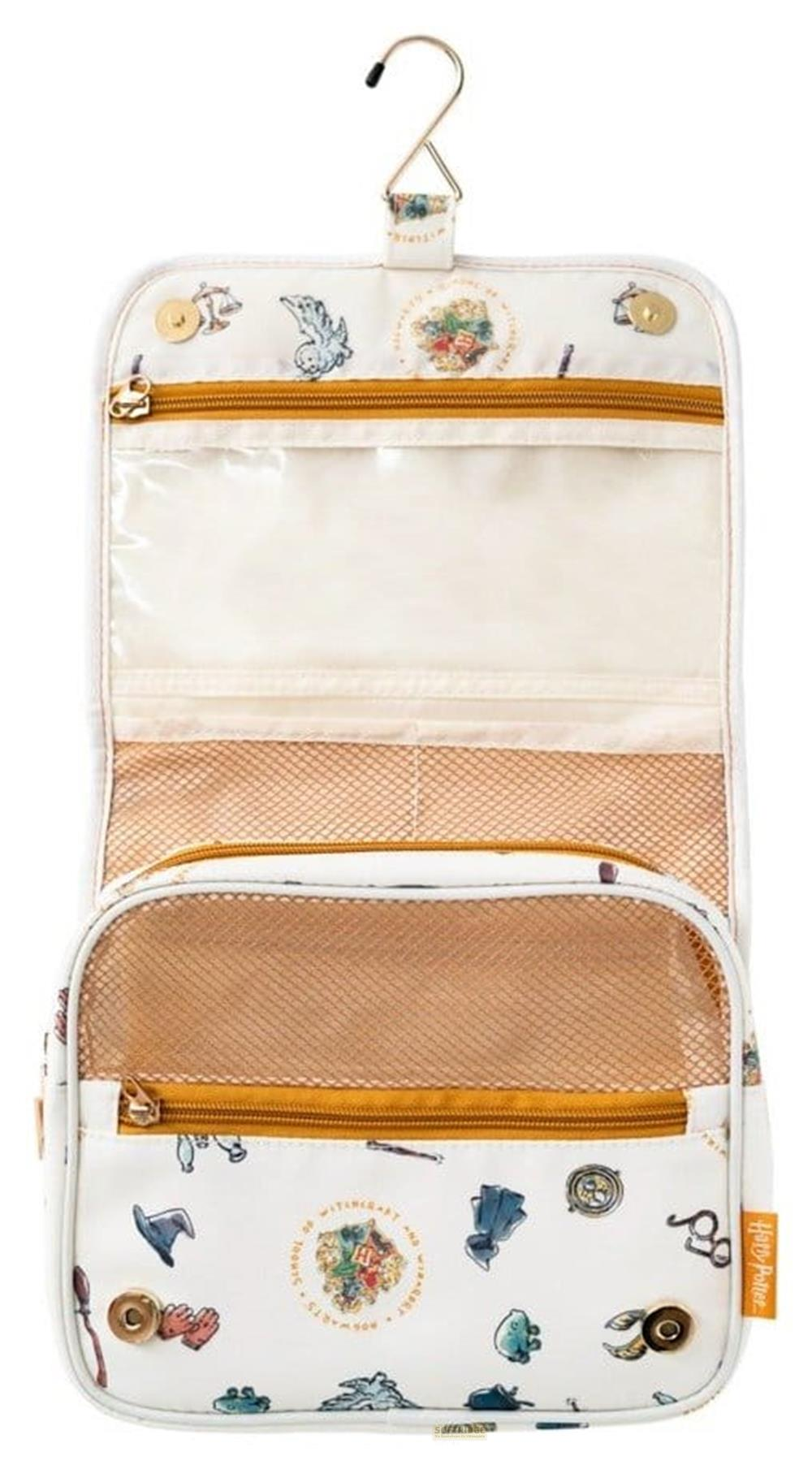Neceser colgante blanco con motivos de Harry Potter y cremalleras doradas.