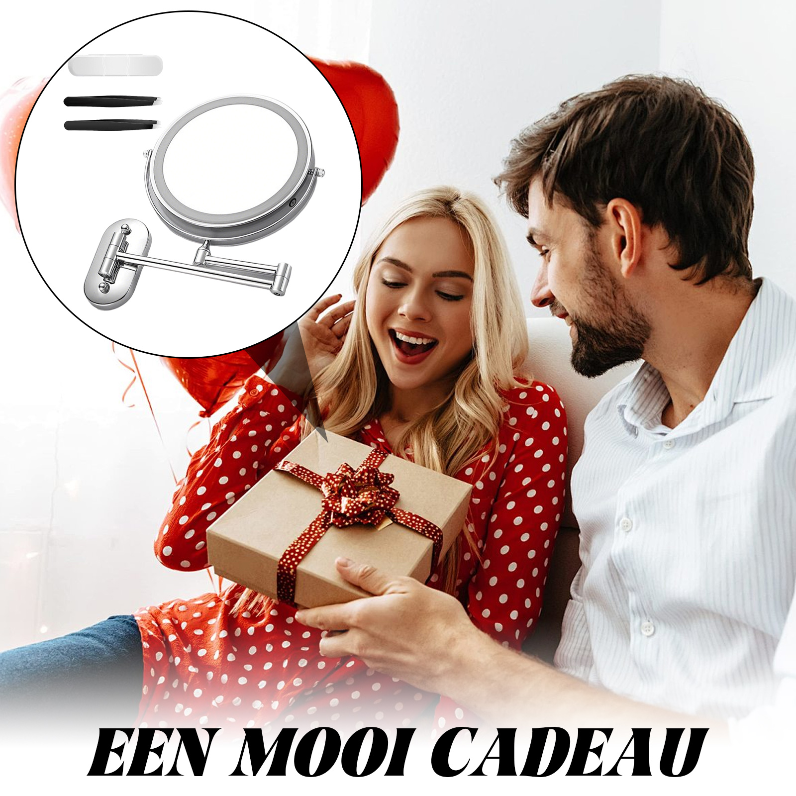 Ein Mann schenkt einer Frau ein Geschenk. Ein Vergrößerungsspiegel ist abgebildet.