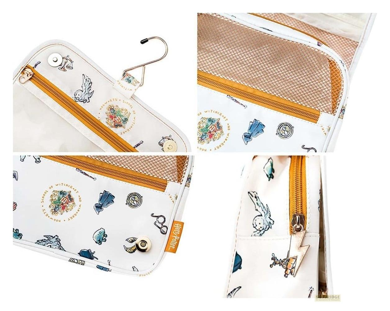 Neceser blanco con motivos de Harry Potter, gancho y cremalleras.
