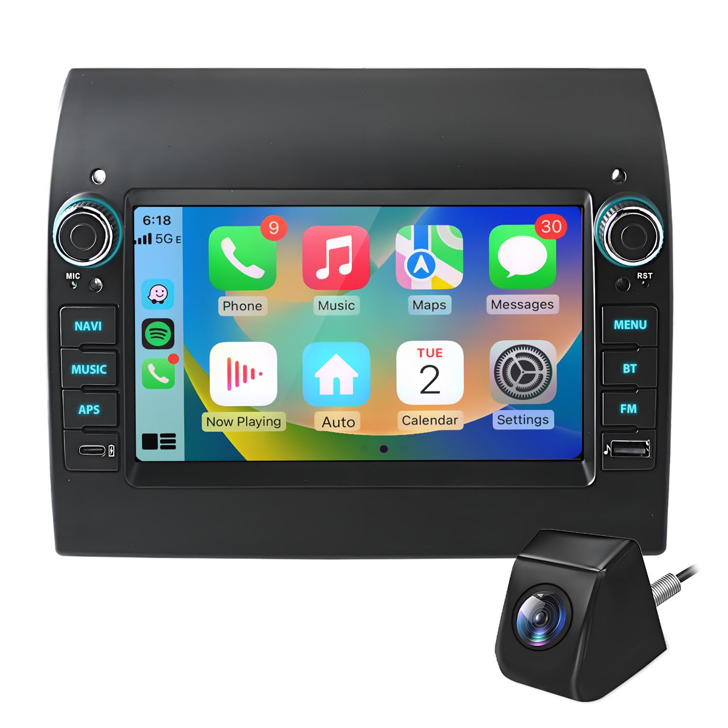Ein Auto-Infotainment-System mit Smartphone-Oberfläche und Rückfahrkamera.