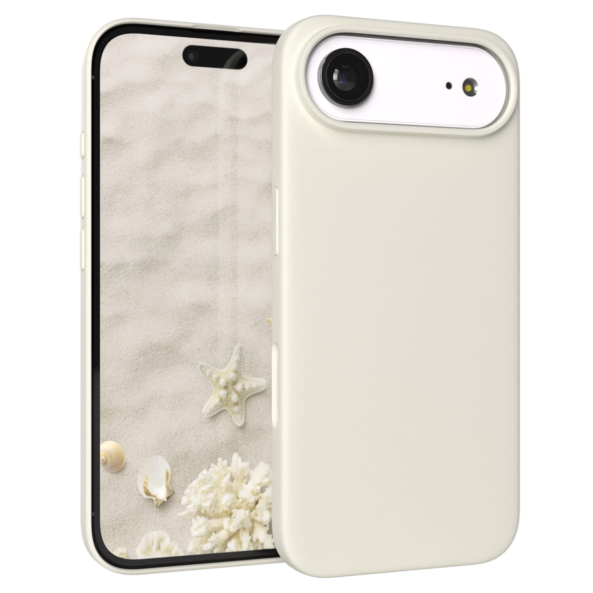 Ein hellbeiges Smartphone mit einem Strandmotiv auf dem Bildschirm und einer Kameralinse.