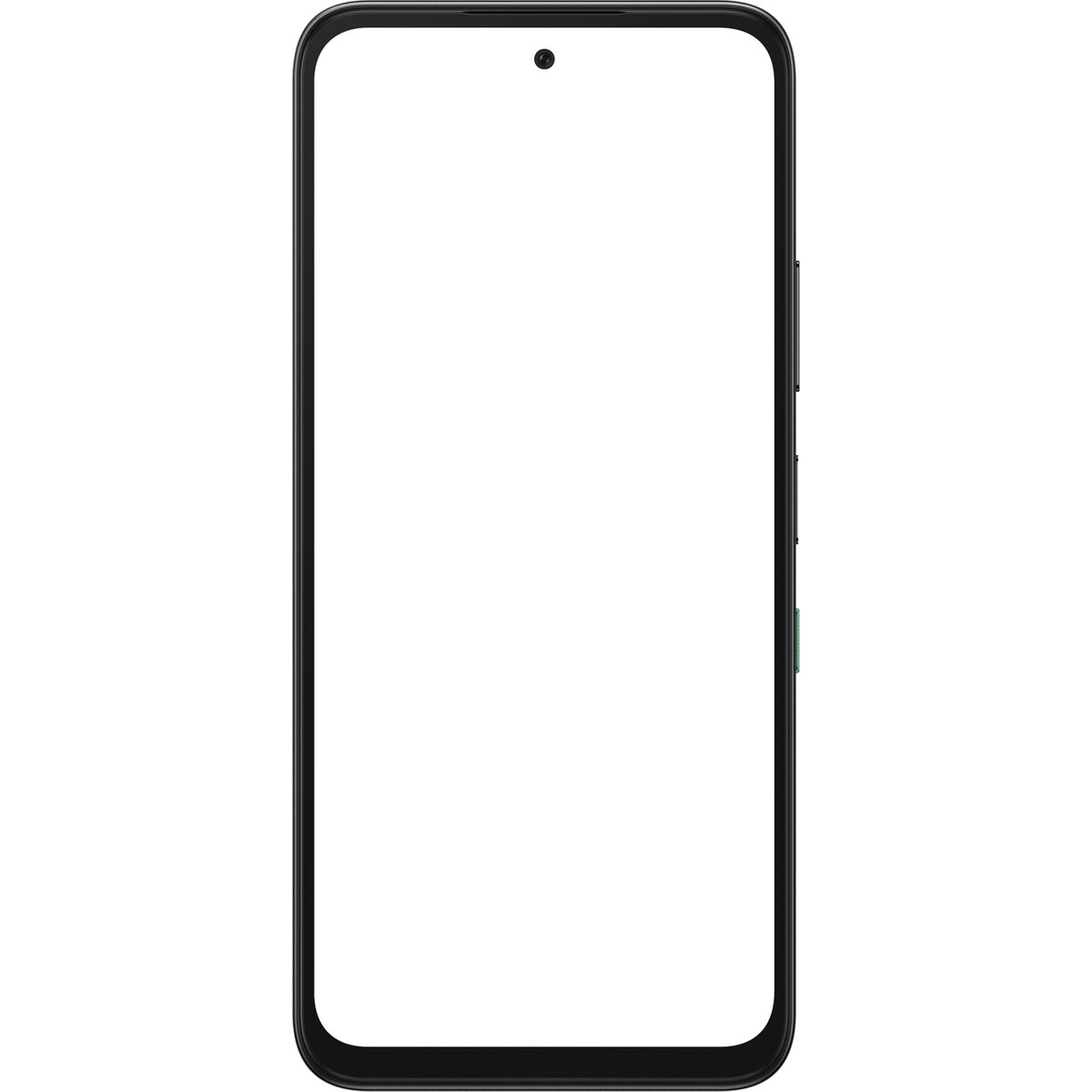 Boş beyaz ekranlı ve ön kamerası olan siyah bir akıllı telefon.
