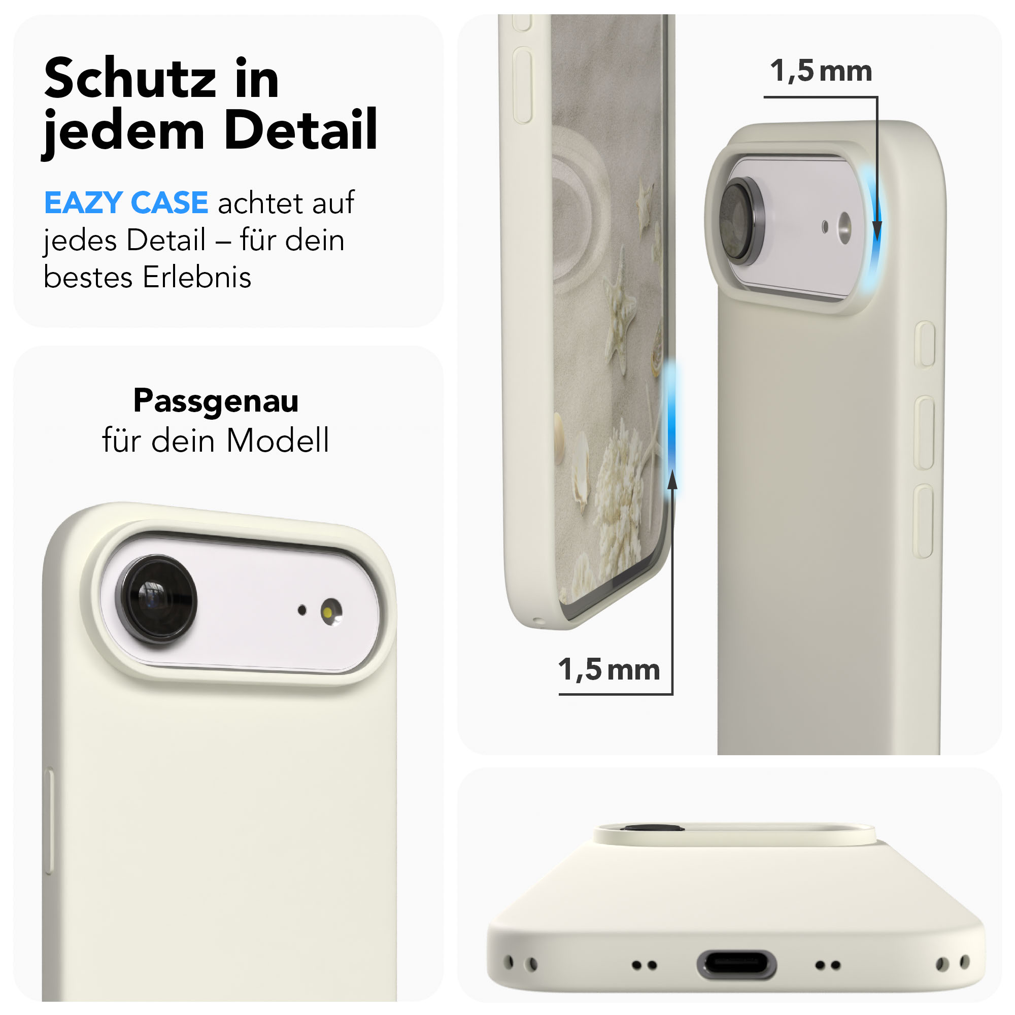 Beigefarbene Handyhülle mit Fokus auf Details und Schutz. Zeigt Dicke und präzise Passform.