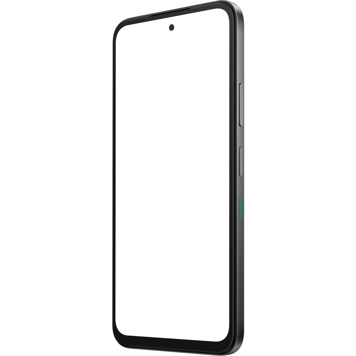 Yan düğmeleri olan, boş beyaz ekranlı koyu renk bir akıllı telefon.