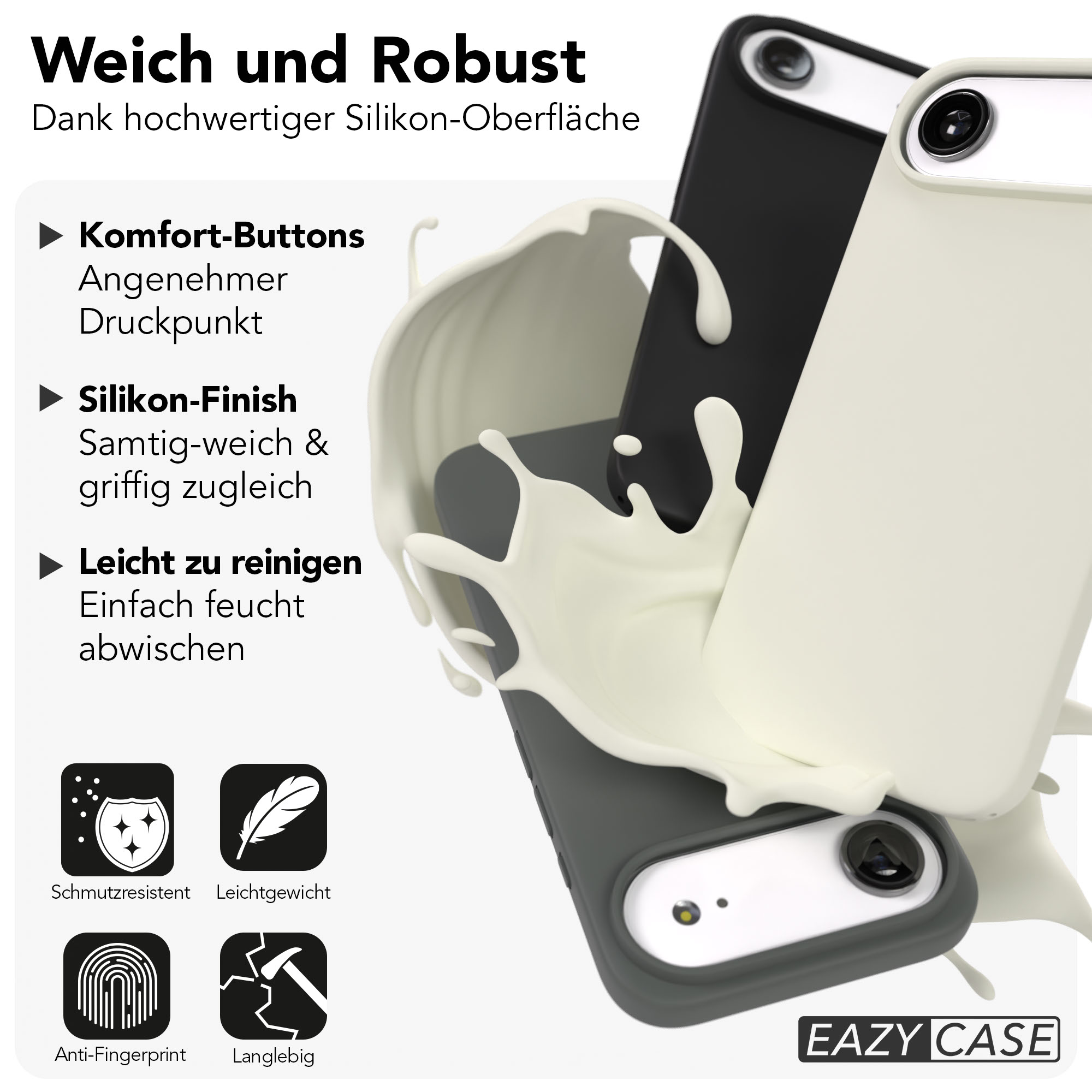 Zwei Handyhüllen in Creme und Schwarz, umspült von weißer Flüssigkeit.