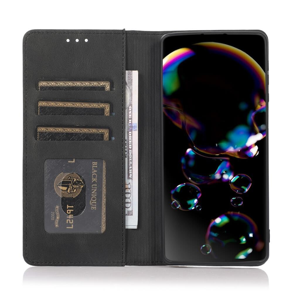 Custodia a libro nera per telefono con soldi e slot per carte. Schermo con bolle.