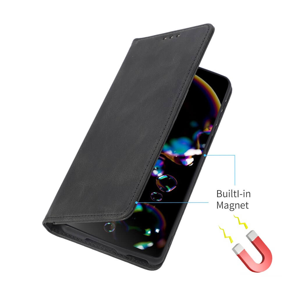 Custodia nera per telefono con copertina apribile che mostra uno schermo con bolle.
