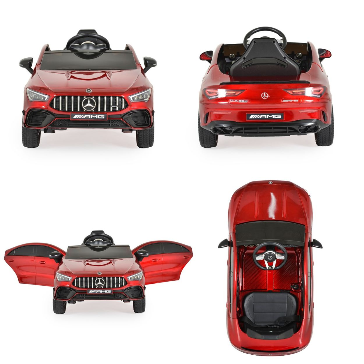 Ein rotes Spielzeugauto mit geöffneten Türen, das von vorne und oben gezeigt wird.