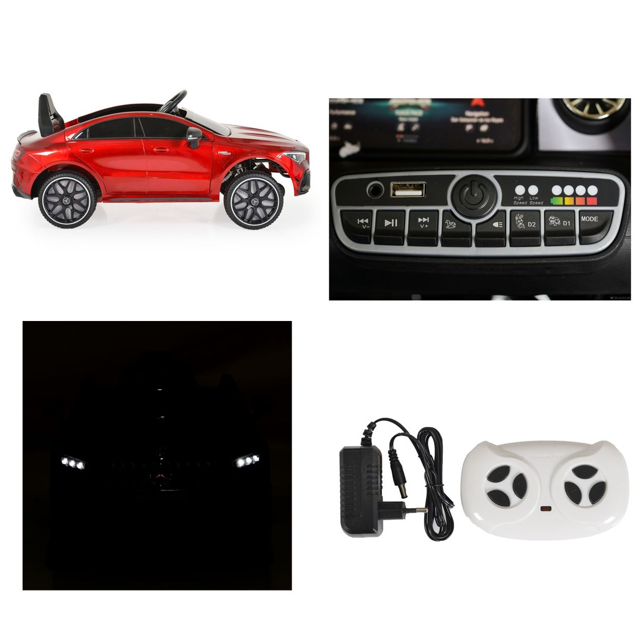Ein rotes Elektroauto mit Bedienelementen, Lichter und Fernbedienung.