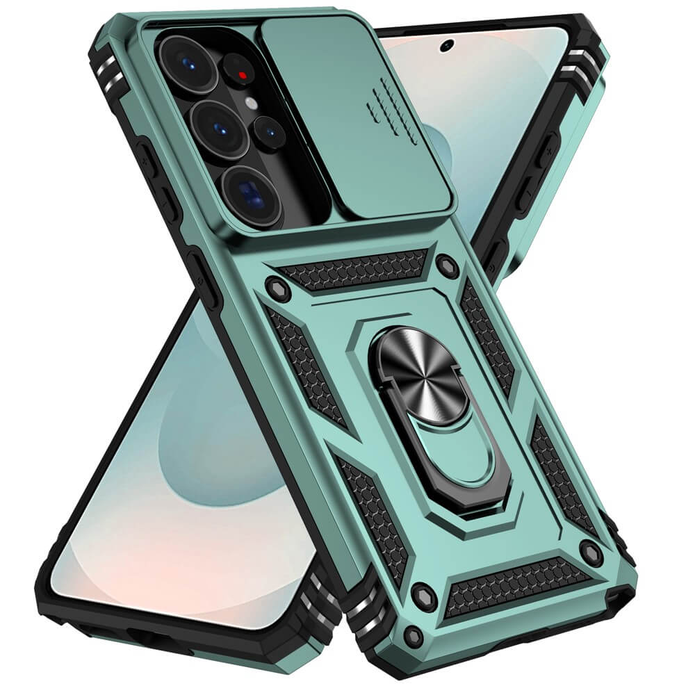 Coque de téléphone verte avec cache-appareil photo et support anneau, sur un téléphone.