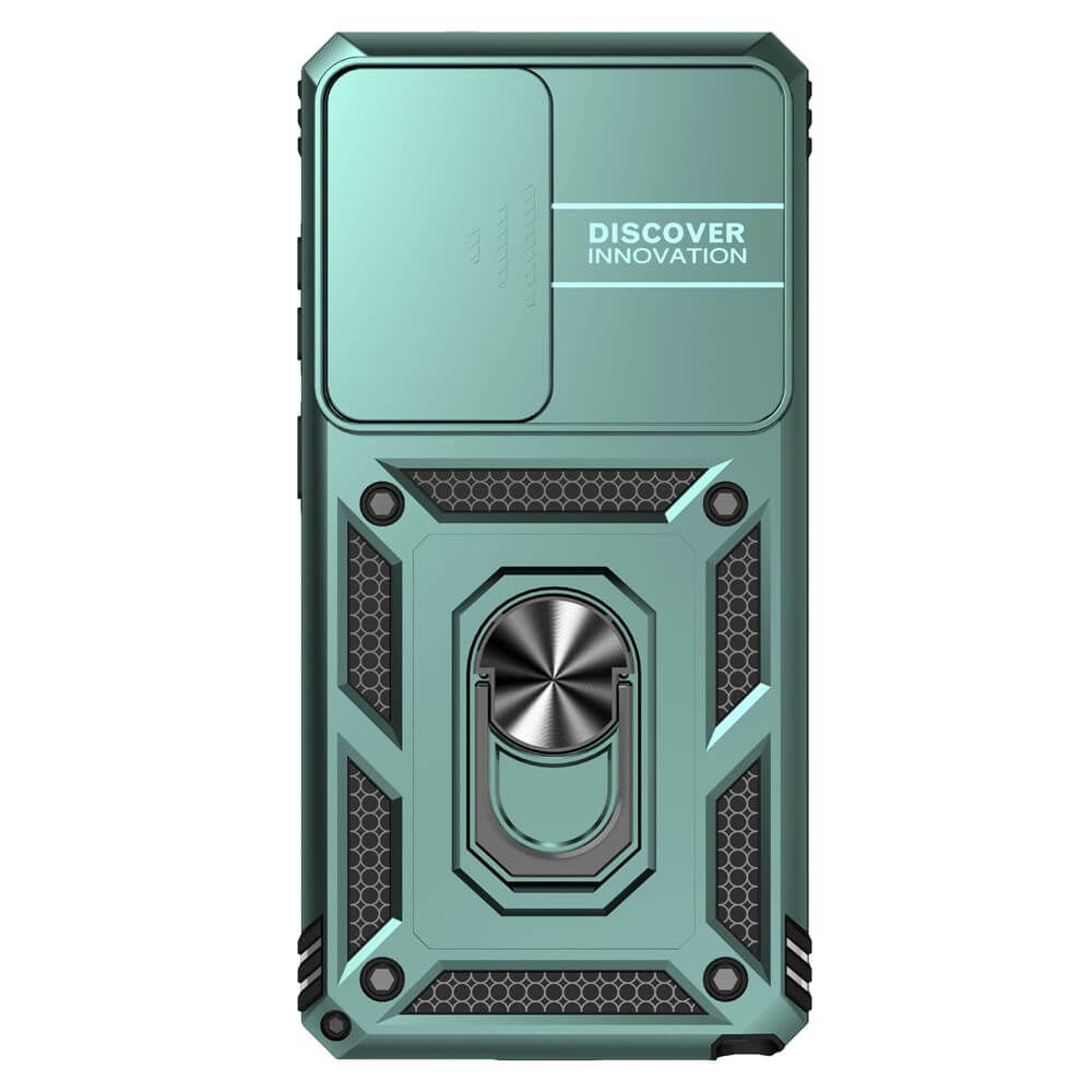 Coque de téléphone turquoise avec curseur caméra et support anneau.
