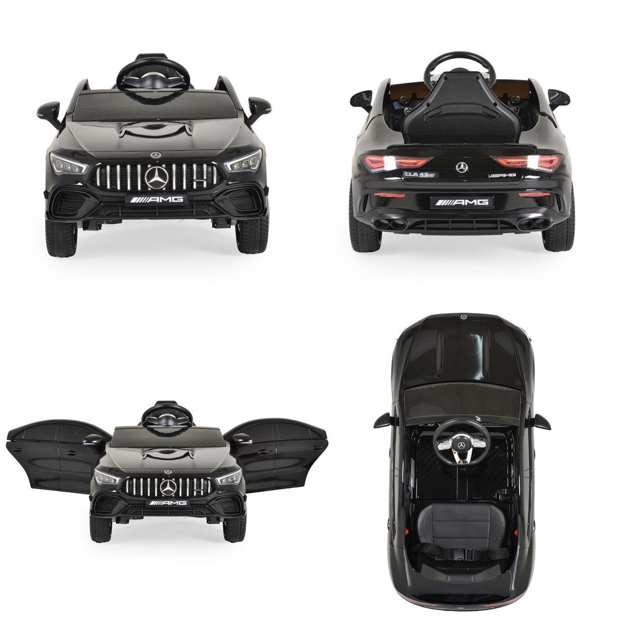 Schwarzes Spielzeugauto mit geöffneten Türen, von vorne und oben.