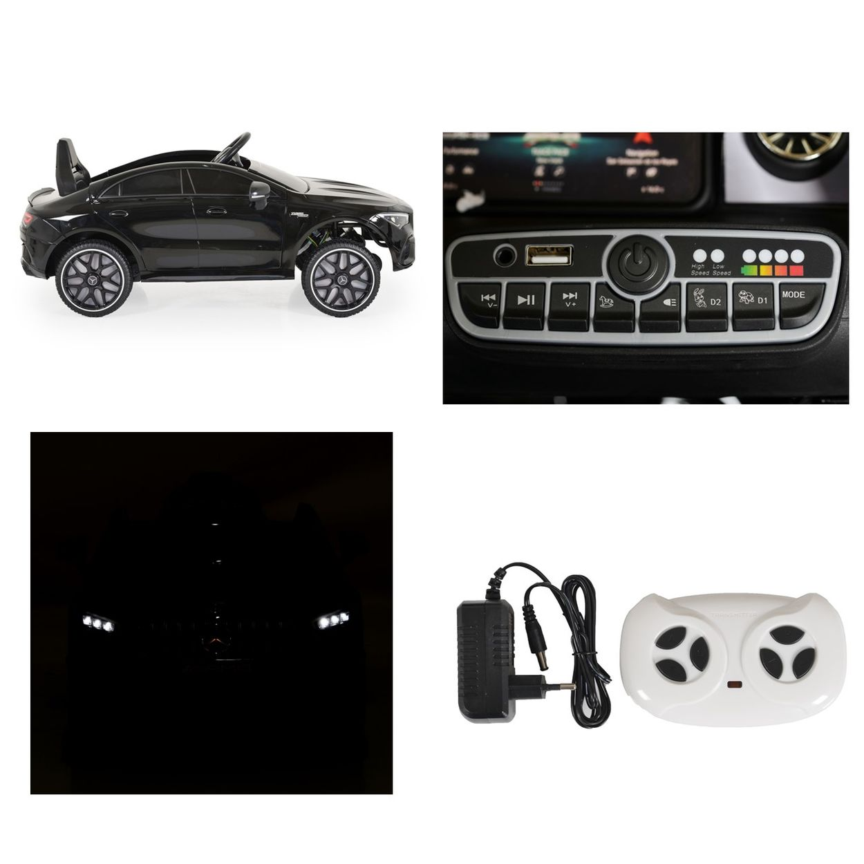 Ein schwarzes Elektroauto für Kinder, Armaturenbrett, Ladegerät und Fernbedienung.