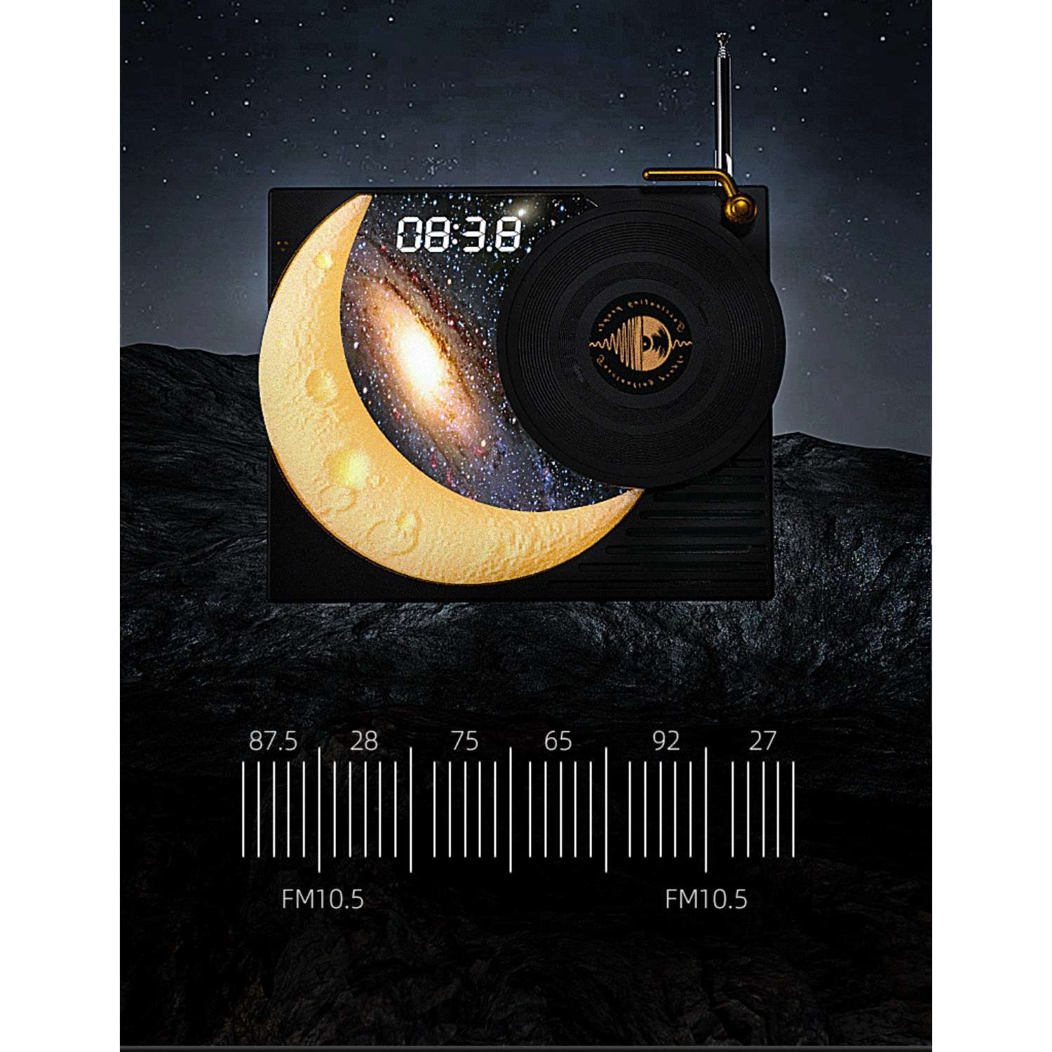 Ein Radio mit Mond, Galaxie und Schallplatte im Sternenhimmel.