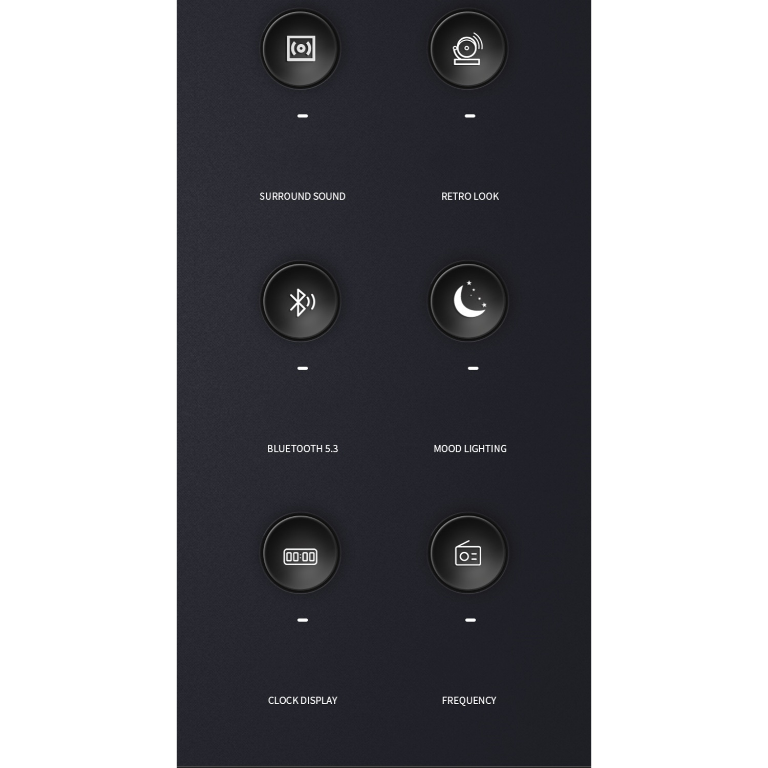 Symbole für Surround Sound, Retro-Look, Bluetooth, Stimmungslicht, Uhr und Frequenz.