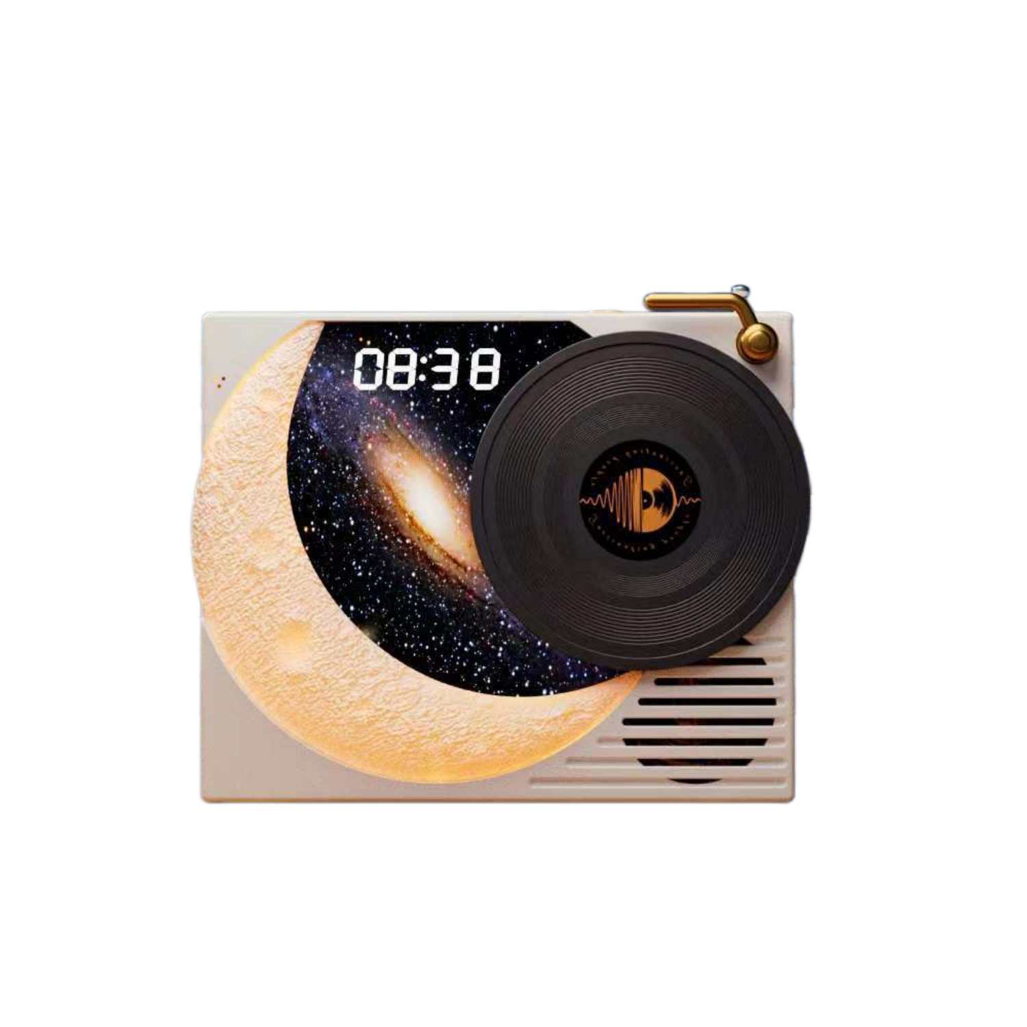 Ein Plattenspieler mit Mond und Galaxie-Design, zeigt 08:38.
