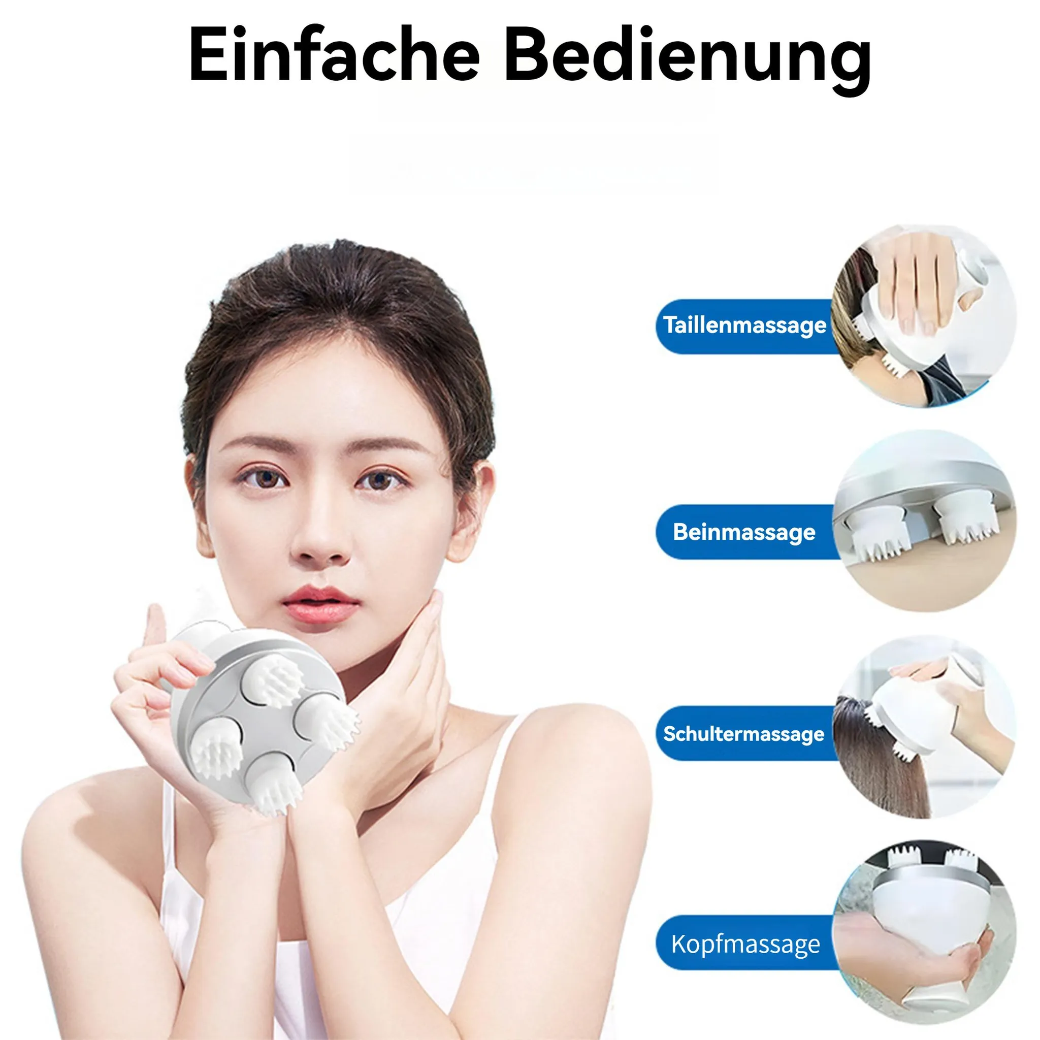 Frau mit Massagegerät, zeigt verschiedene Anwendungen: Taille, Bein, Schulter, Kopf.