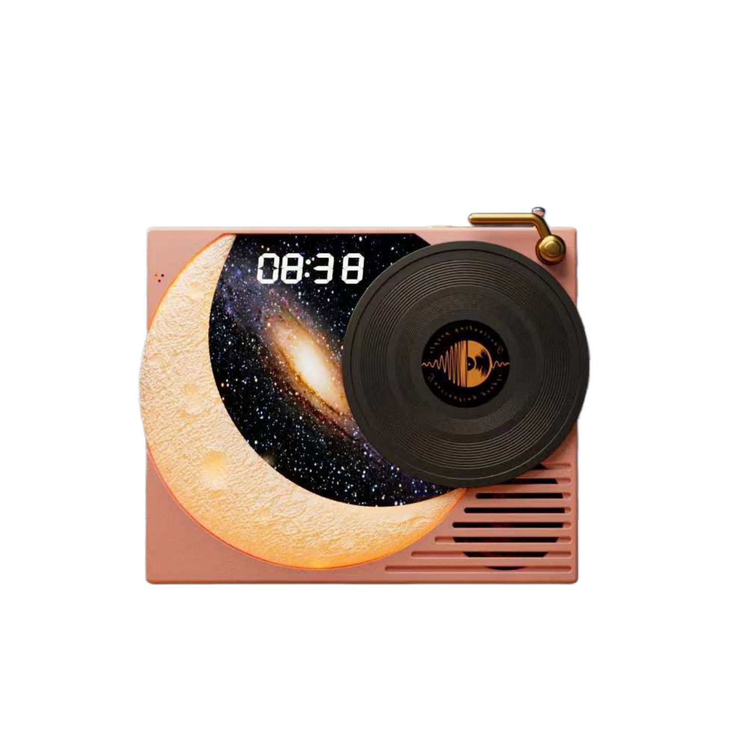 Ein rosafarbener Plattenspieler-Lautsprecher mit Mondlicht und Galaxie.