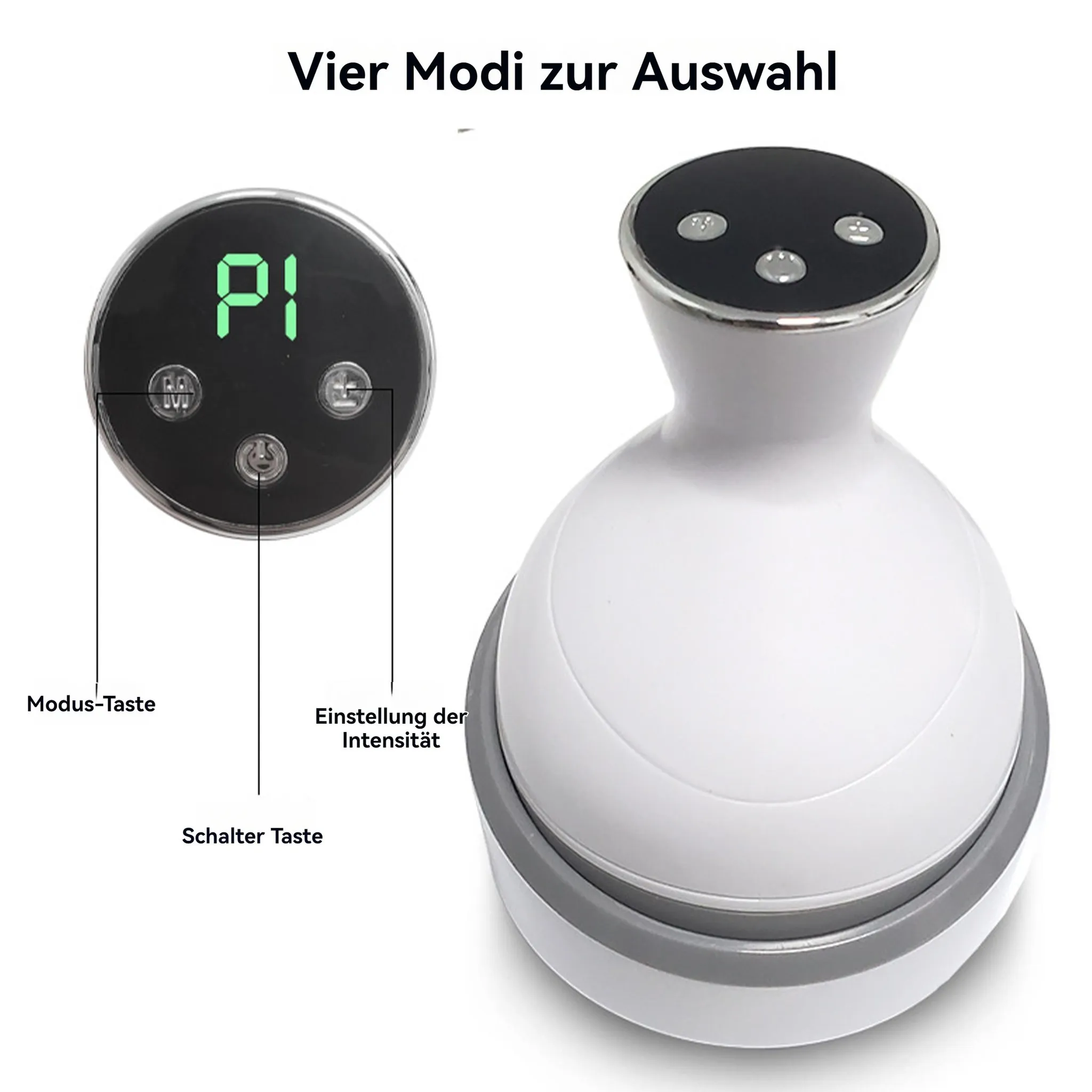 Ein weißer Massagekopf mit schwarzem Bedienfeld und grüner Anzeige.