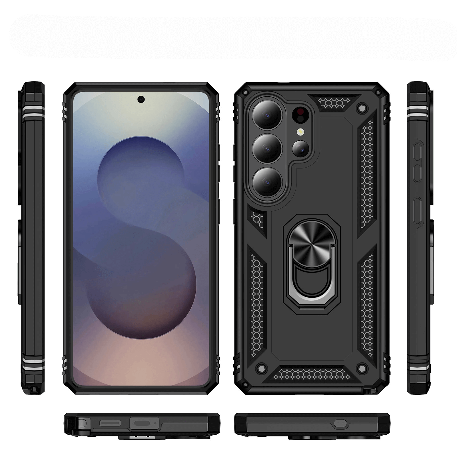 Coque de téléphone noire avec support anneau, vues avant, arrière et latérales.