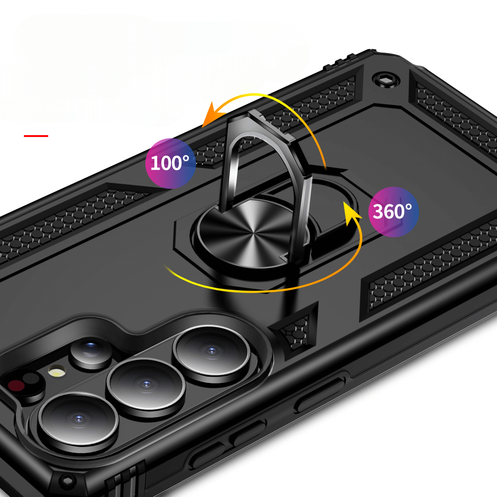 Coque de téléphone noire avec support anneau, rotation 100° et 360°.
