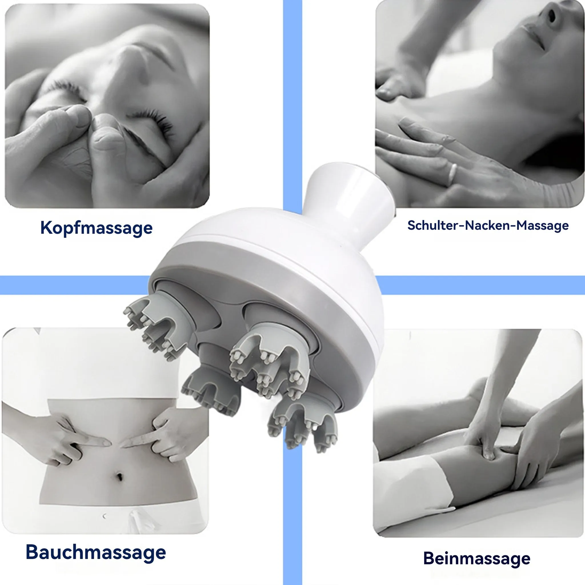 Massagegerät mit vier Aufsätzen für Kopf, Schulter, Bauch und Bein