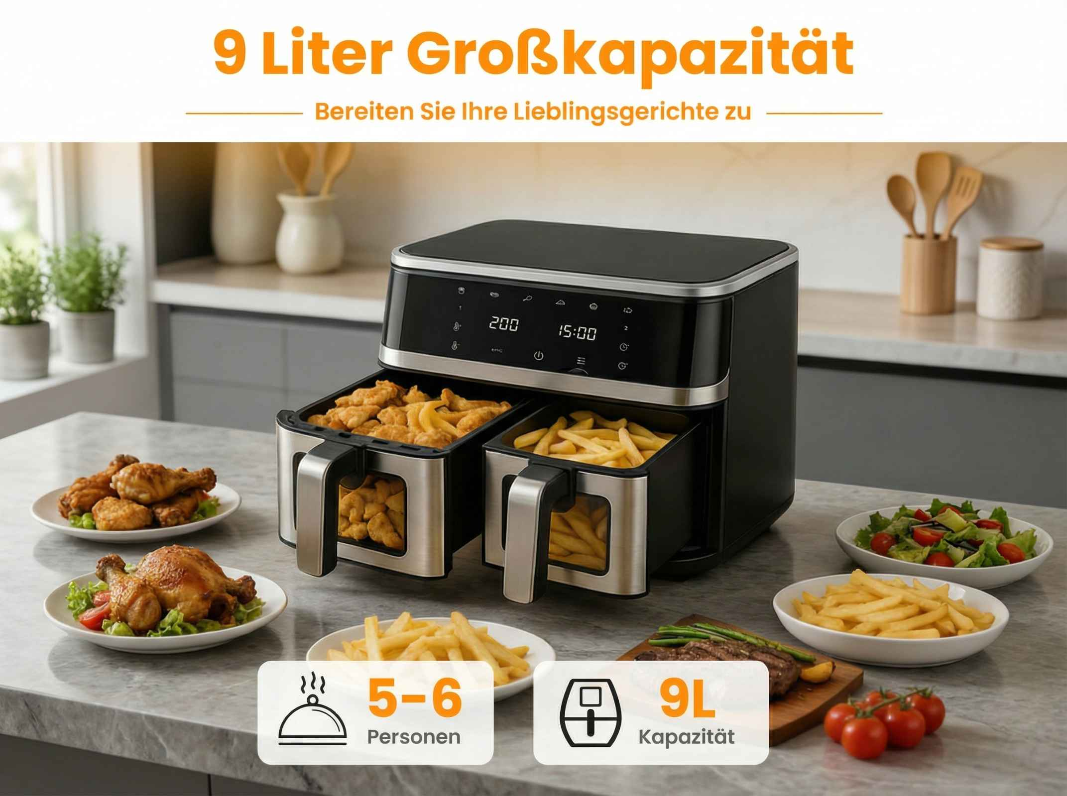 Doppel-Heißluftfritteuse mit Hähnchen, Pommes und Salat.