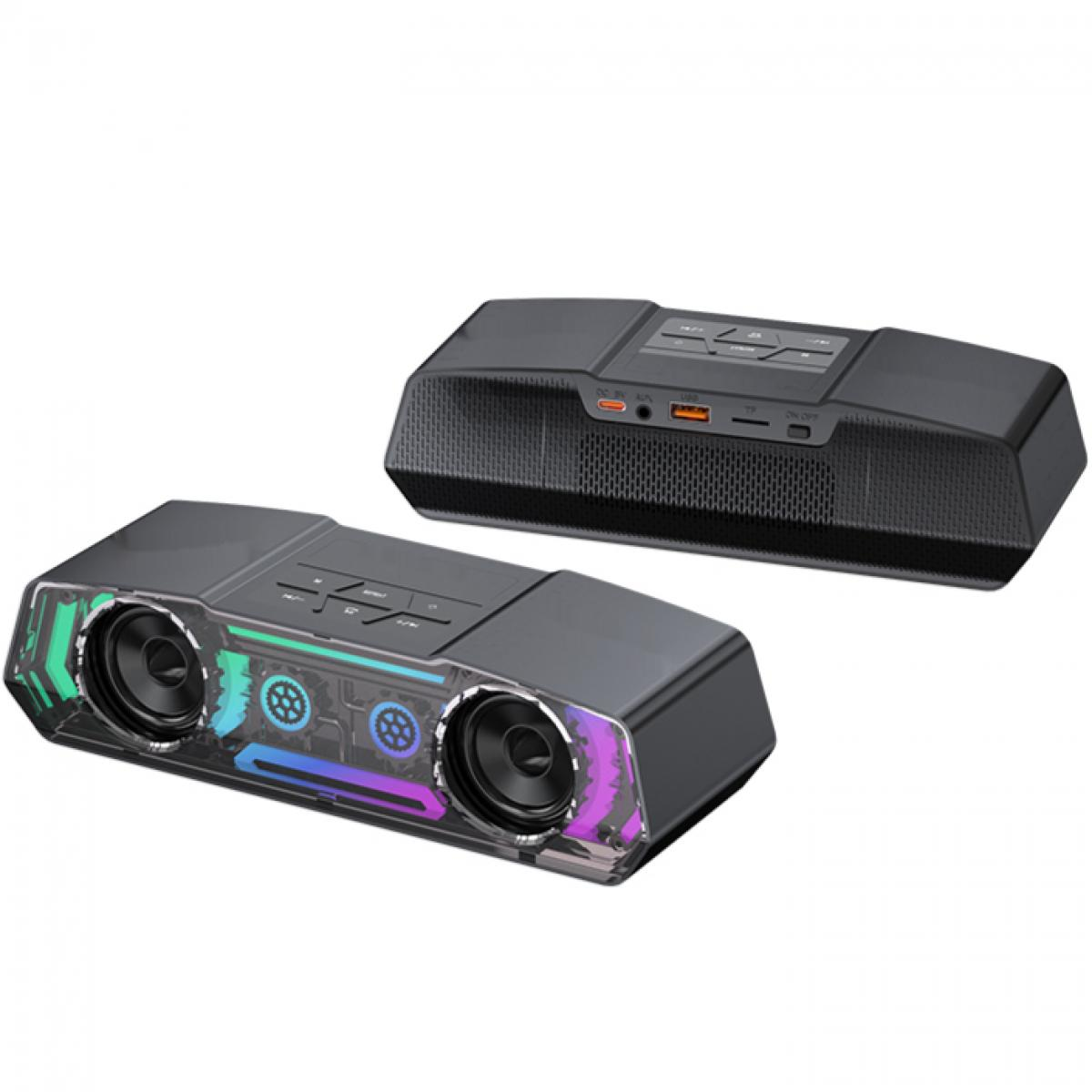 Zwei schwarze Bluetooth-Lautsprecher, einer mit bunten Lichtern.