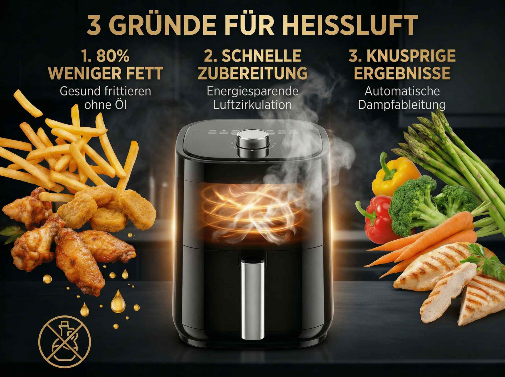 Heißluftfritteuse mit Hähnchen, Pommes, Gemüse und gegrilltem Hähnchen.