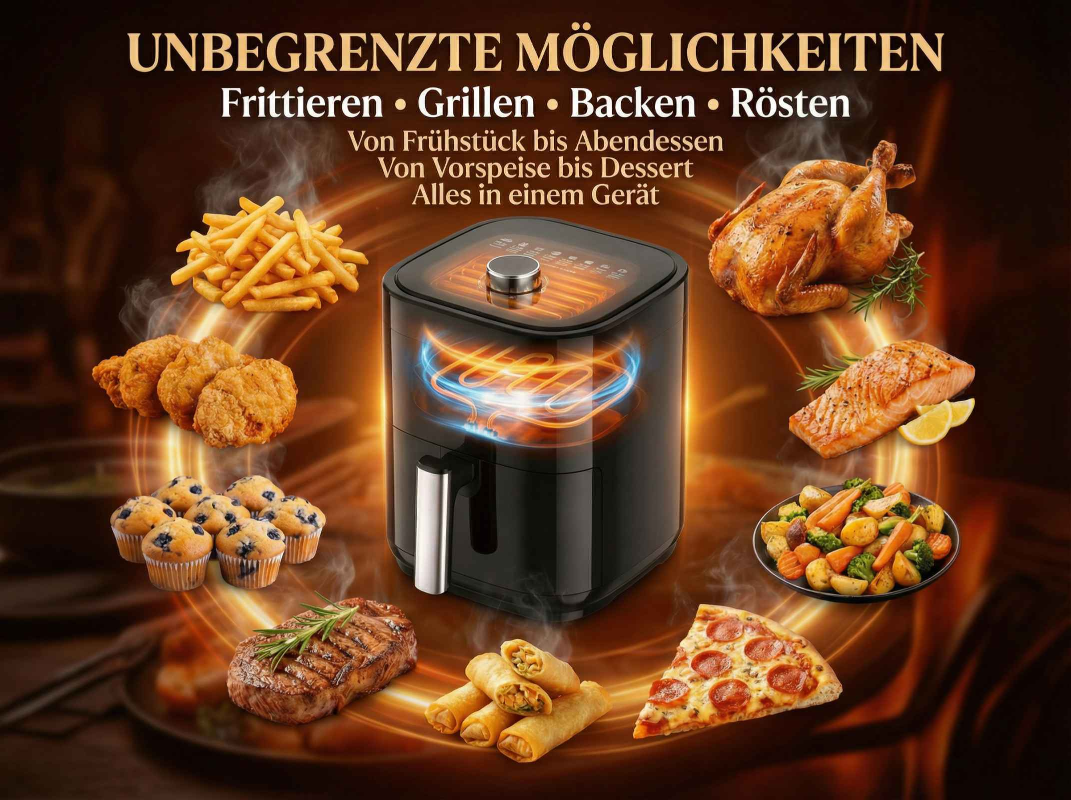Ein schwarzer Airfryer mit verschiedenen Speisen wie Pommes, Hähnchen, Lachs und Pizza.