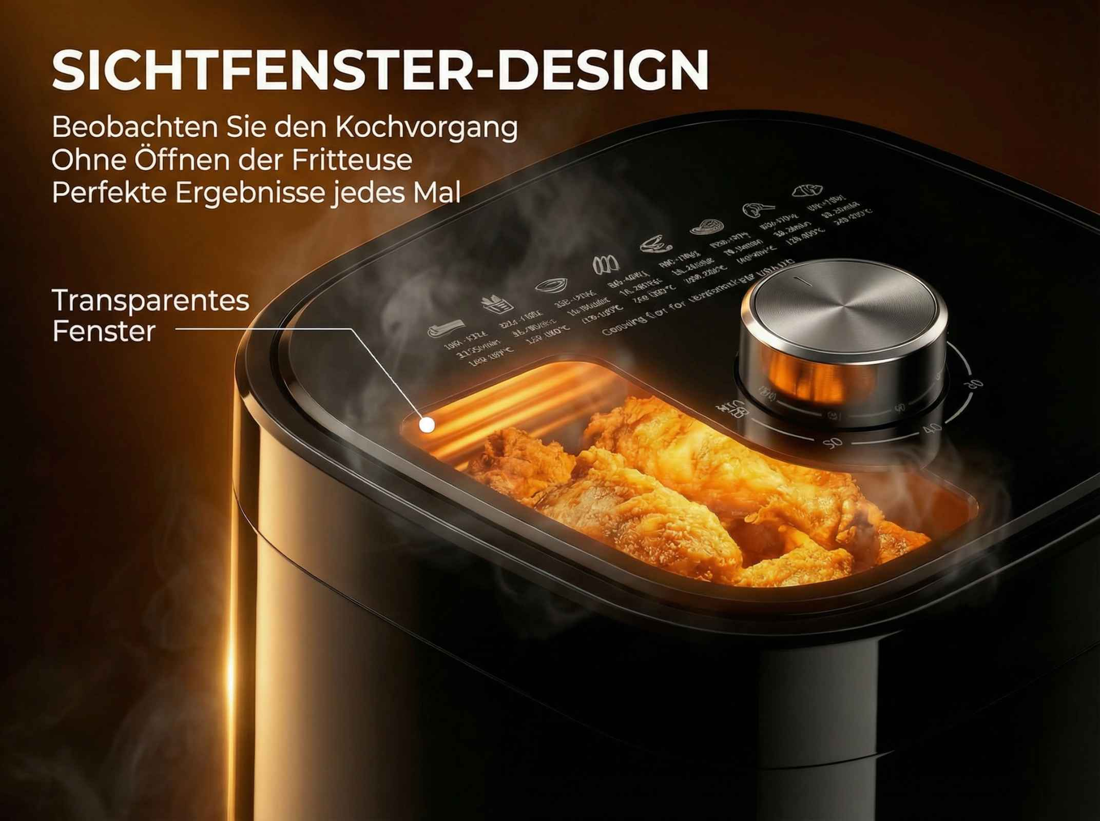 Ein schwarzer Heißluftfritteuse mit Hähnchenschenkeln, die im Inneren braten.