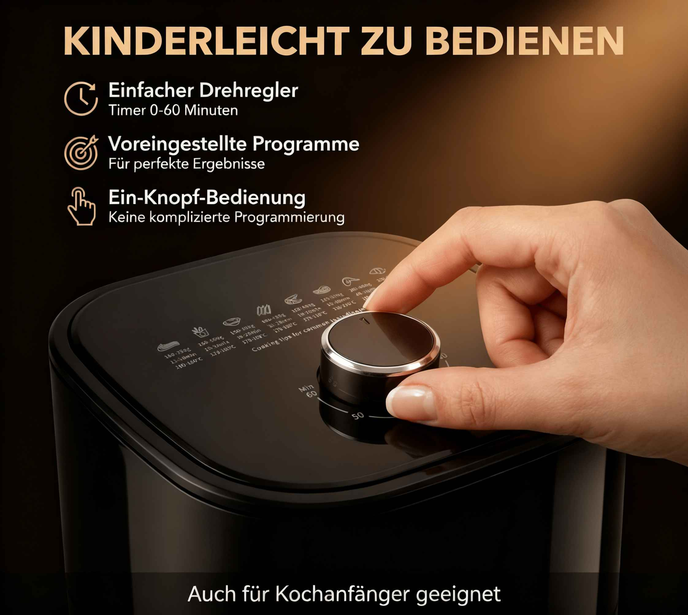 Eine Hand dreht den Drehregler eines schwarzen Airfryers mit Kochtipps.