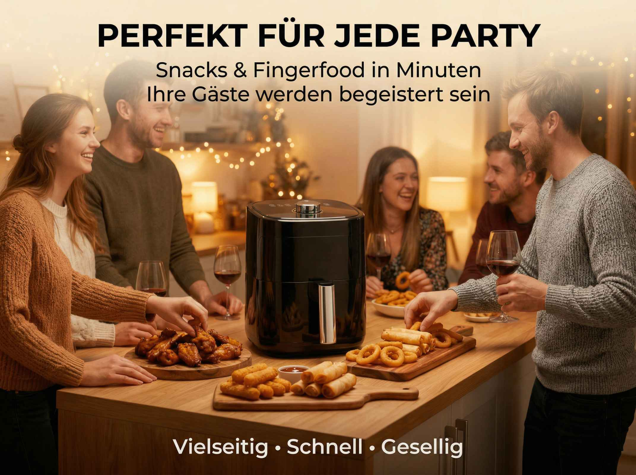 Freunde essen Snacks um einen schwarzen Airfryer.