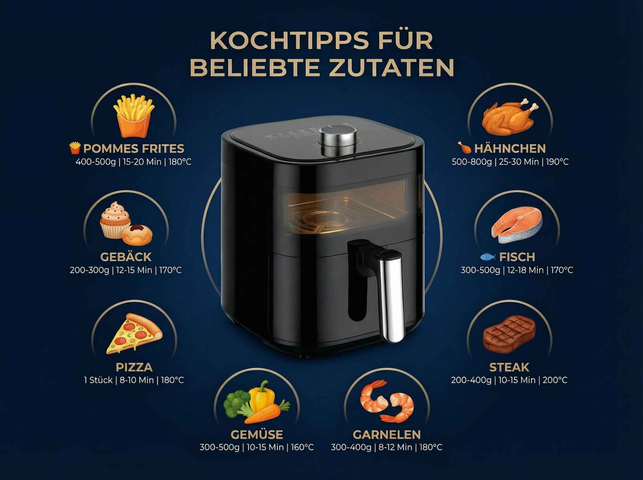 Ein schwarzer Airfryer mit Kochtipps für Pommes, Hähnchen, Fisch, Steak, Gebäck, Pizza, Gemüse und Garnelen.