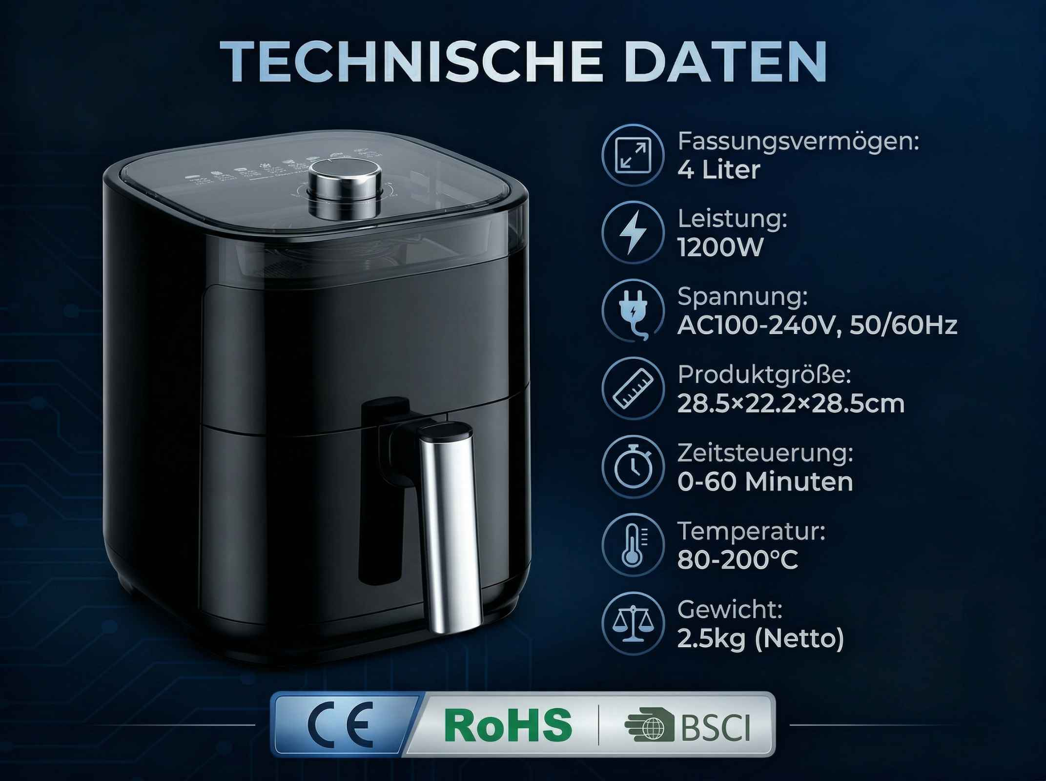 Schwarzer Heißluftfritteuse mit technischen Daten: 4L, 1200W, 80-200°C.