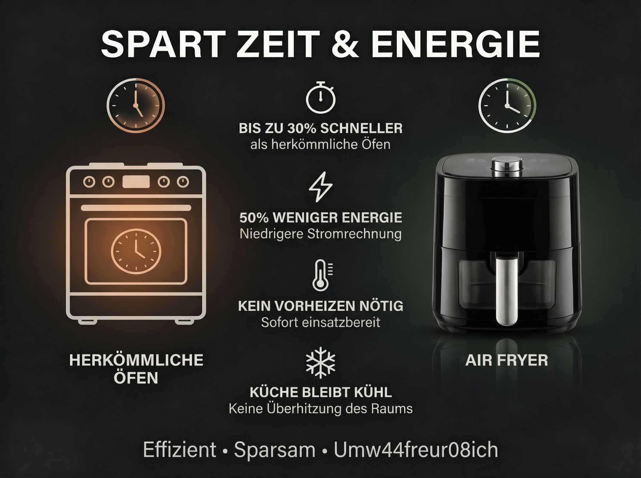 Vergleich von herkömmlichem Ofen und Airfryer: Zeit- und Energieersparnis.