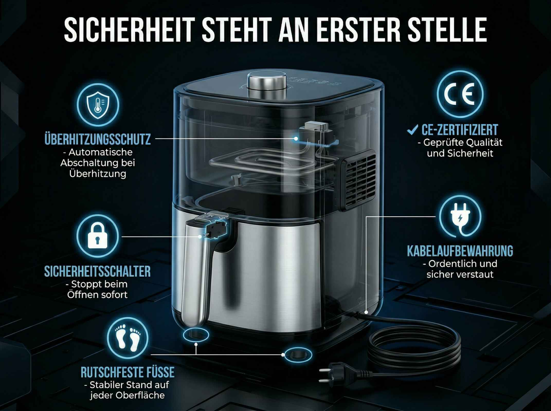 Airfryer mit Sicherheitssymbolen: Überhitzungsschutz, CE-Zertifizierung, Schalter, rutschfeste Füße.