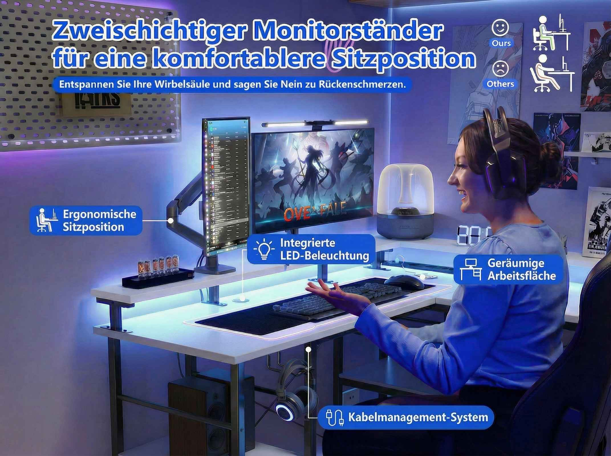 Ein Gaming-Setup mit zwei Monitoren, LED-Beleuchtung und einer Frau mit Kopfhörern.