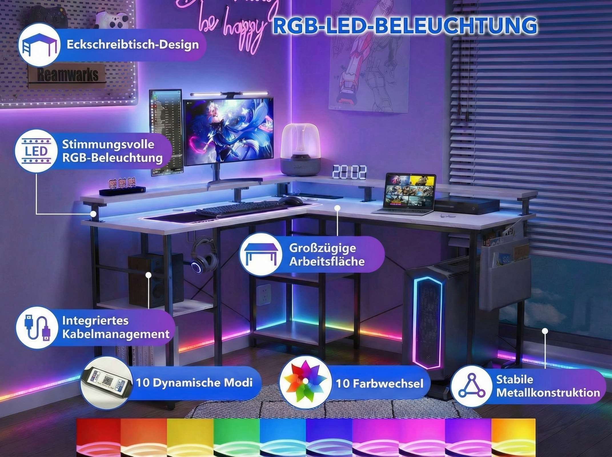 Ein Eckschreibtisch mit RGB-LED-Beleuchtung, Computern und Zubehör.