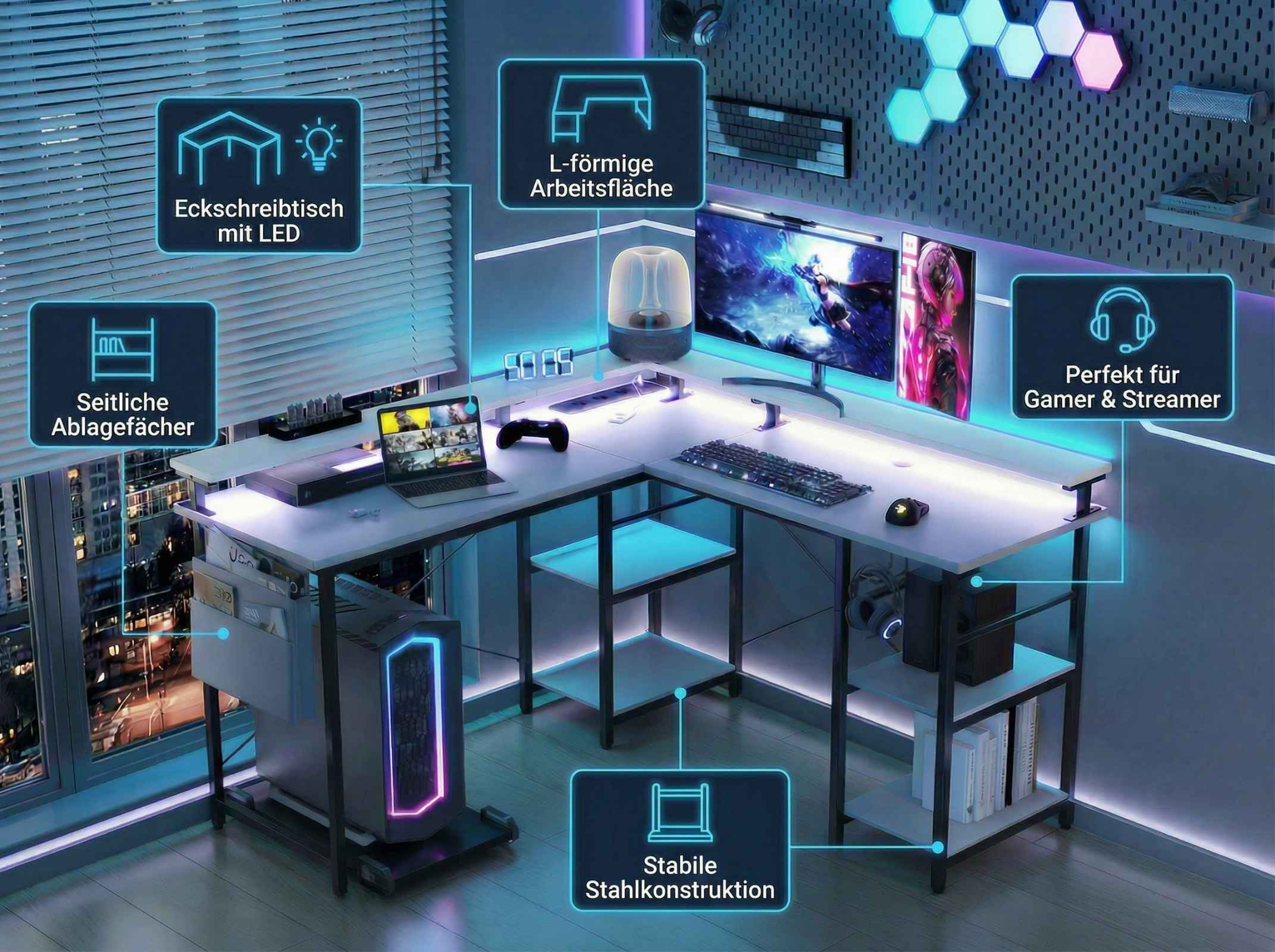 Moderner L-förmiger Schreibtisch mit LED-Beleuchtung, mehreren Bildschirmen und Aufbewahrung.