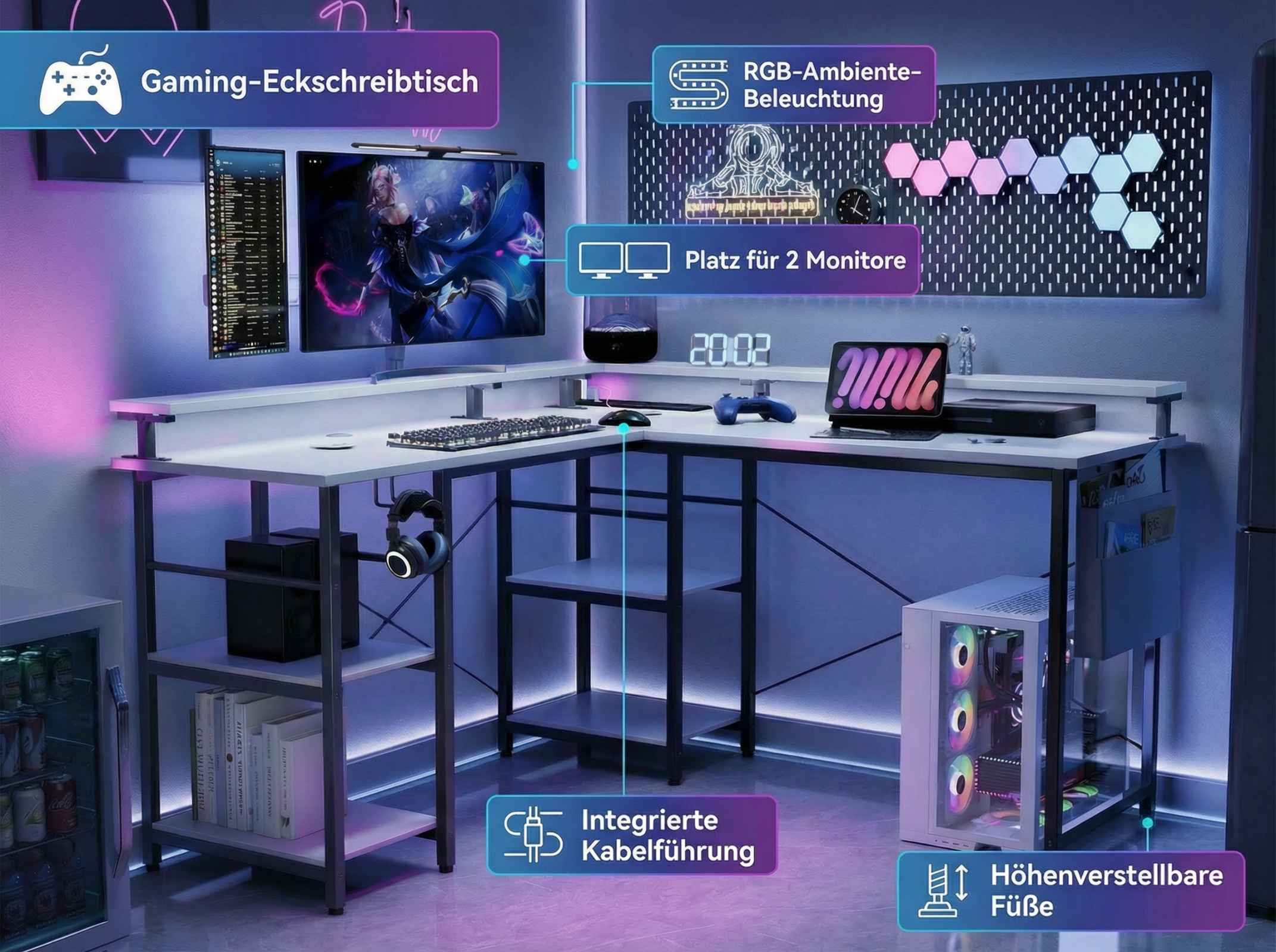 Gaming-Eckschreibtisch mit zwei Monitoren, RGB-Beleuchtung und PC.