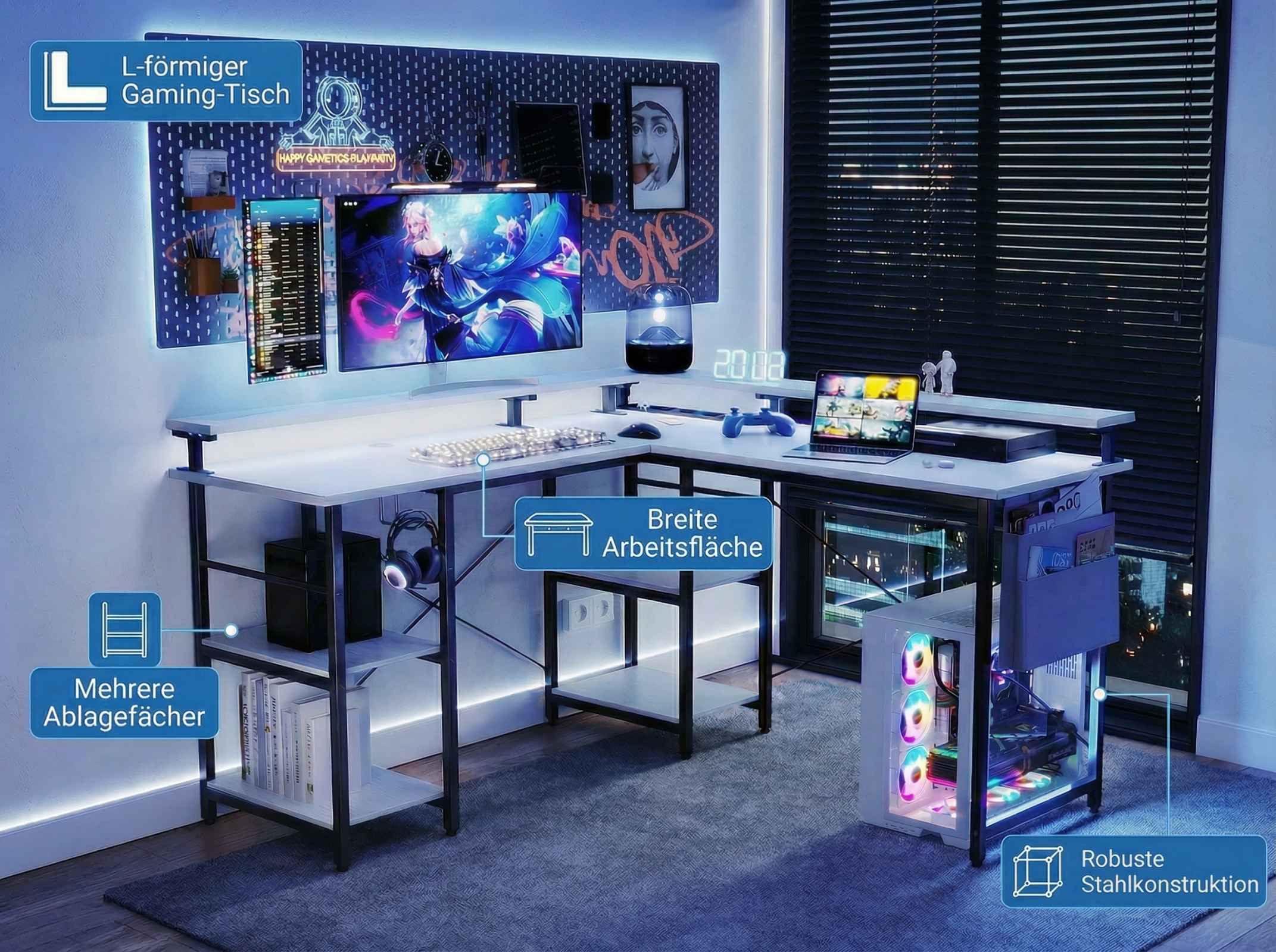 Ein L-förmiger Gaming-Schreibtisch mit zwei Monitoren, Tastatur, Maus und PC.