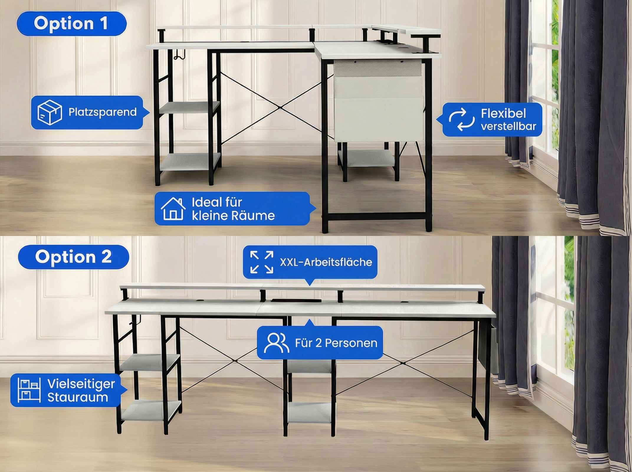 Zwei Schreibtischoptionen: Option 1 platzsparend, Option 2 mit XXL-Fläche für 2 Personen.