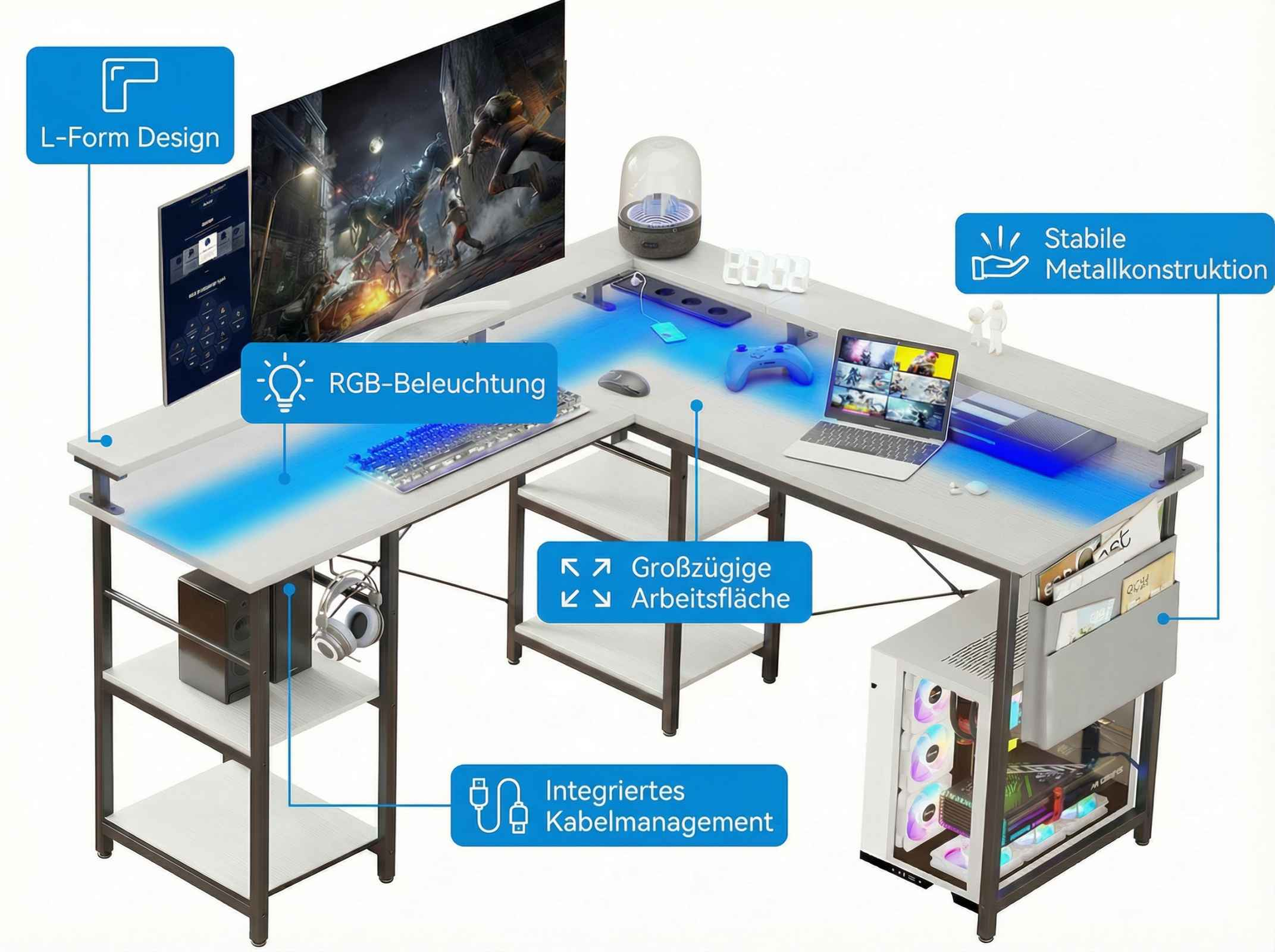 L-förmiger Schreibtisch mit RGB-Beleuchtung, geräumiger Arbeitsfläche und Metallkonstruktion.