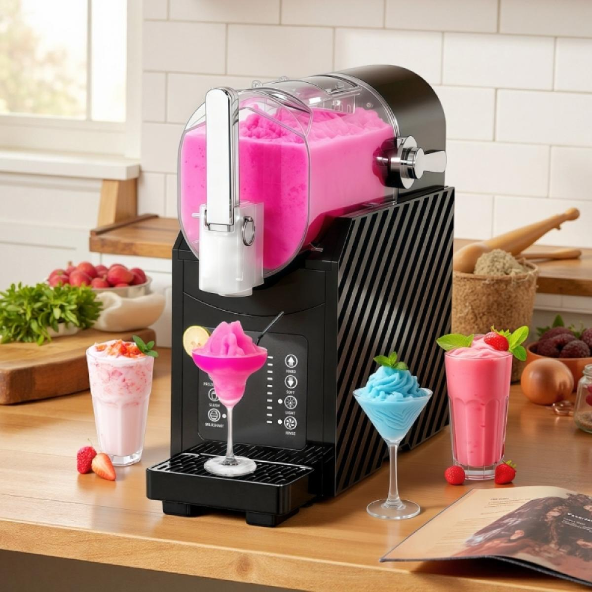 Ein Slush-Eismaschine mit rosa Slush, daneben zwei Gläser mit Slush.