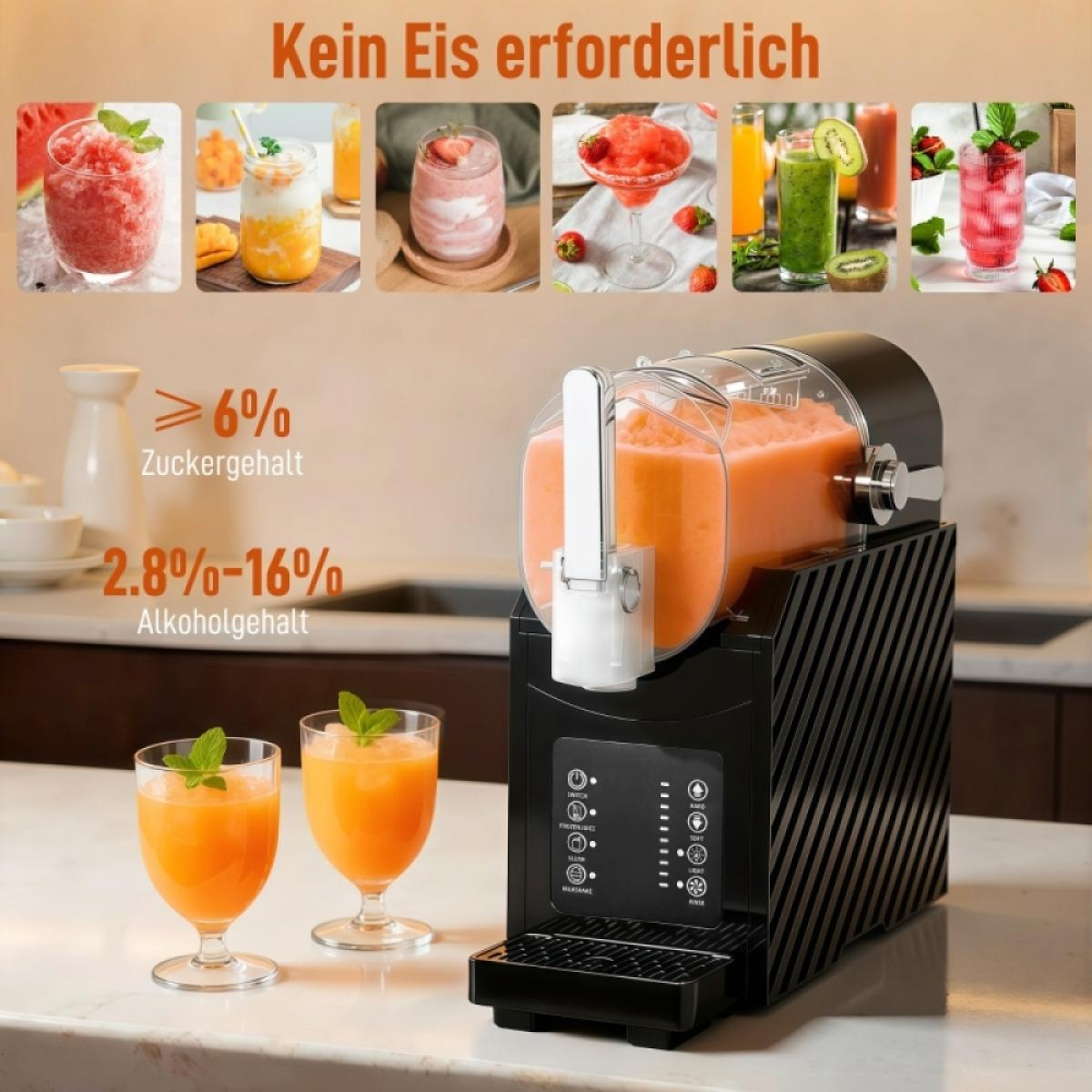 Ein Slush-Eismaschine mit vielen bunten Getränken und Gläsern.