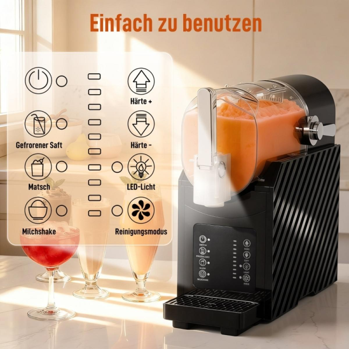 Ein Slush-Eismaschine mit gefrorenem Saft, Matsch und Milchshake-Optionen.