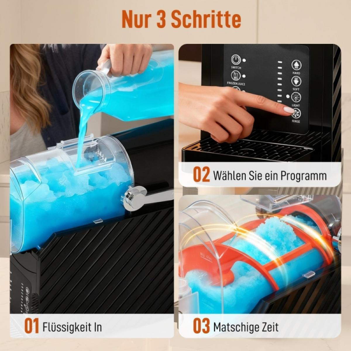 Ein Slush-Eismaschine in 3 Schritten: Flüssigkeit einfüllen, Programm wählen, genießen.