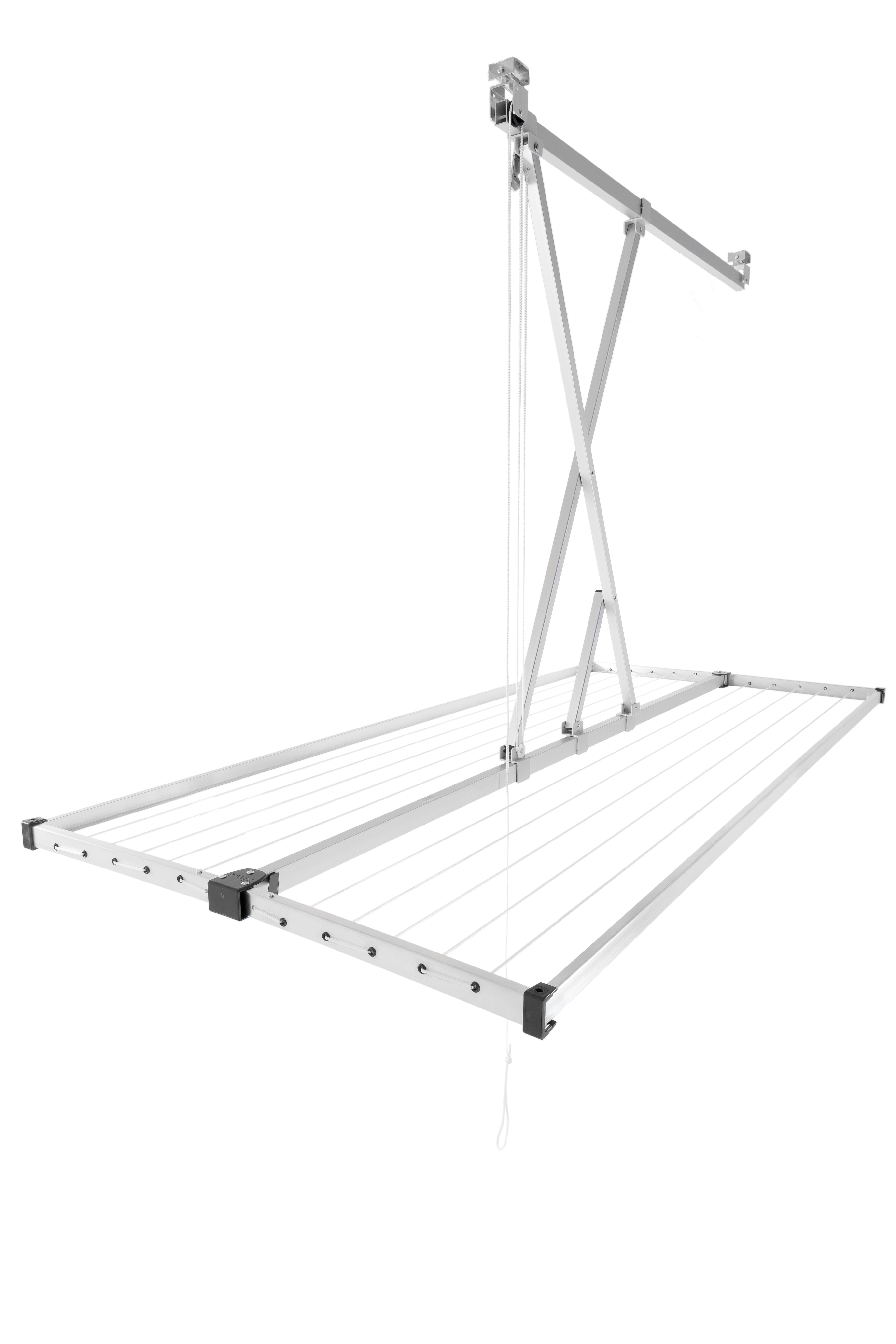 Ein ausklappbarer Wäscheständer aus Aluminium mit Seilen.